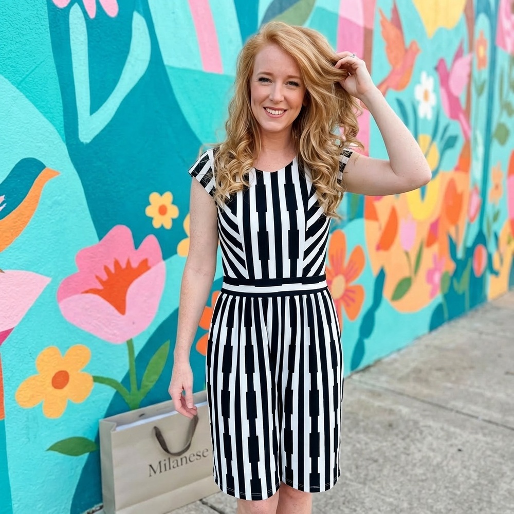 Mikarose Black and White Striped Midi Dress
